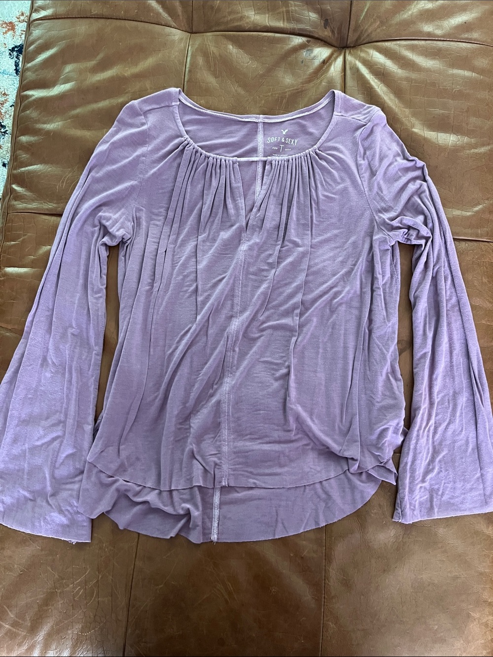 American Eagle Outfitters Lavender Long-Sleeve Gathered Scoop Neck Top
